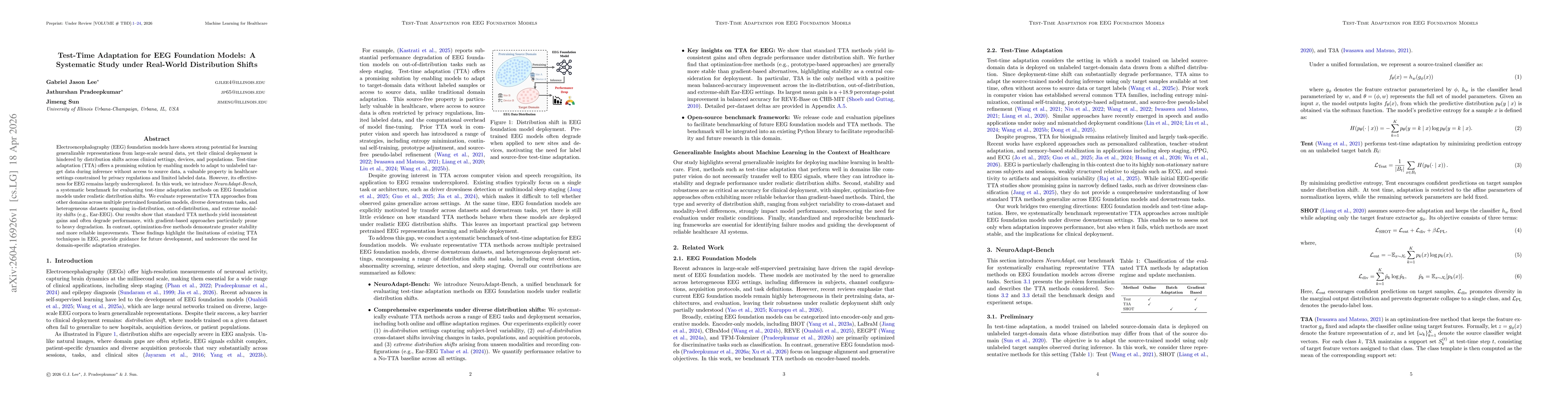 Thumbnail for Test-Time Adaptation for EEG Foundation Models: A Systematic Study under Real-World Distribution Shifts