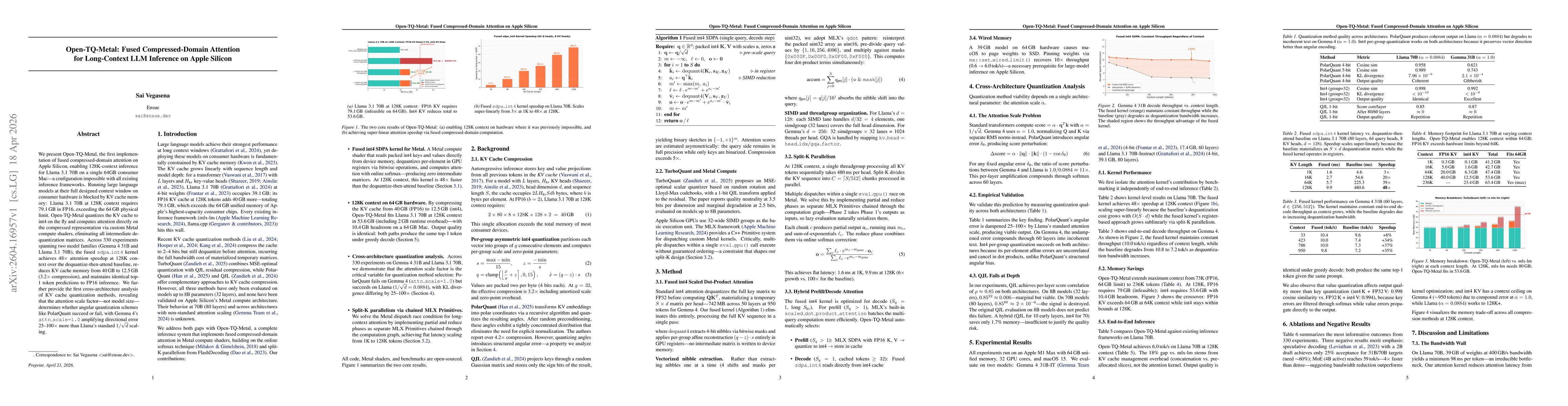 Thumbnail for Open-TQ-Metal: Fused Compressed-Domain Attention for Long-Context LLM Inference on Apple Silicon