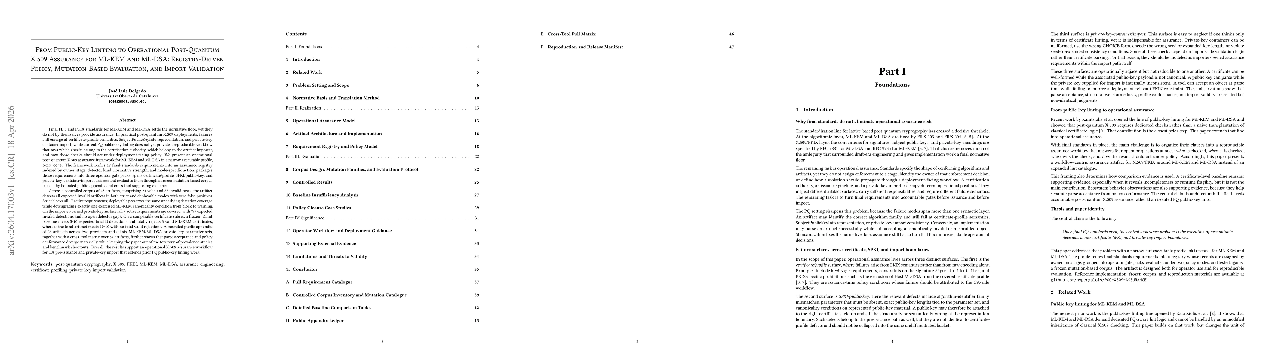 Thumbnail for From Public-Key Linting to Operational Post-Quantum X.509 Assurance for ML-KEM and ML-DSA: Registry-Driven Policy, Mutation-Based Evaluation, and Import Validation