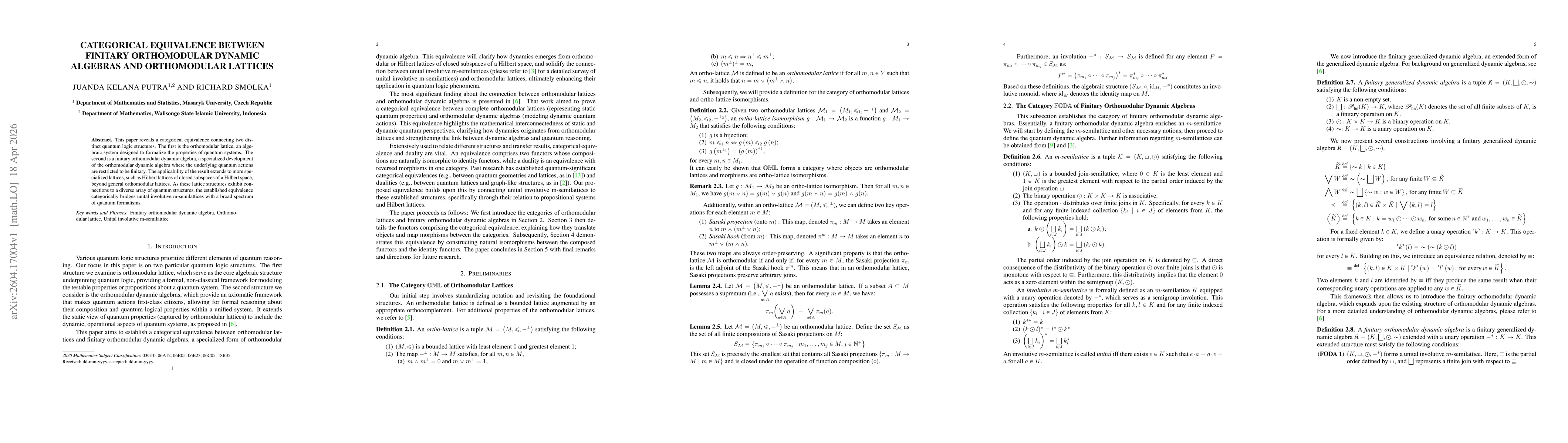 Thumbnail for Categorical Equivalence Between Finitary Orthomodular Dynamic Algebras and Orthomodular Lattices