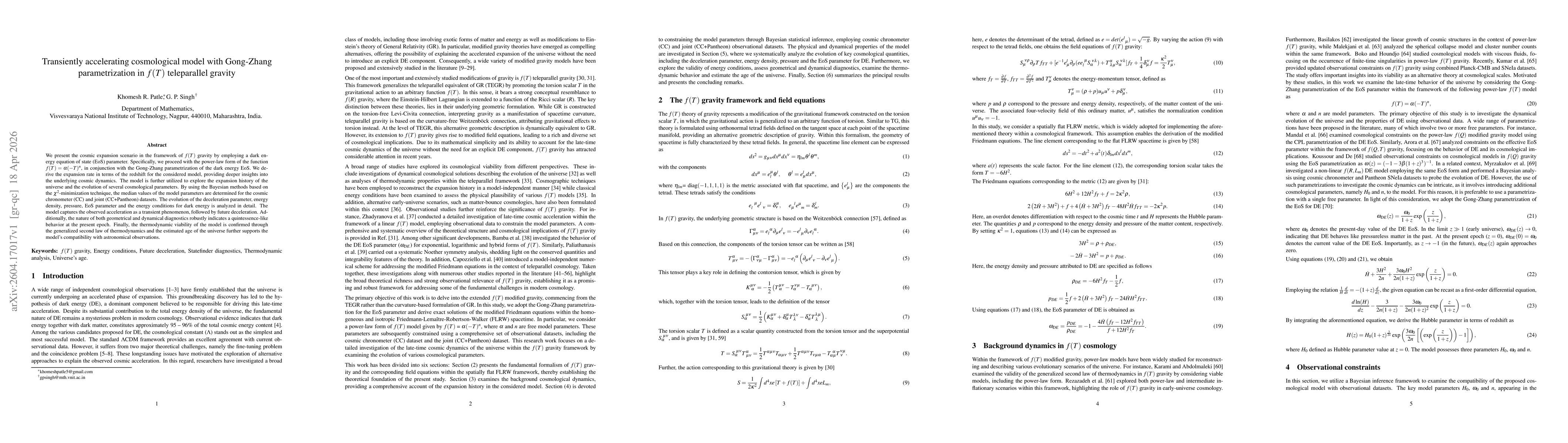 Thumbnail for Transiently accelerating cosmological model with Gong-Zhang parametrization in $f(T)$ teleparallel gravity