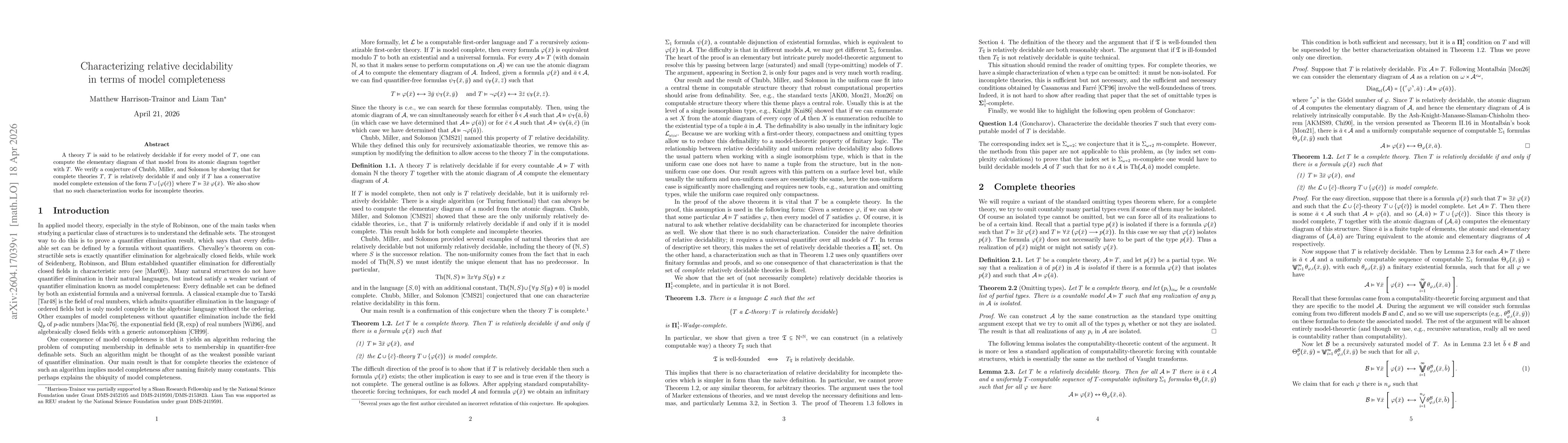 Thumbnail for Characterizing relative decidability in terms of model completeness