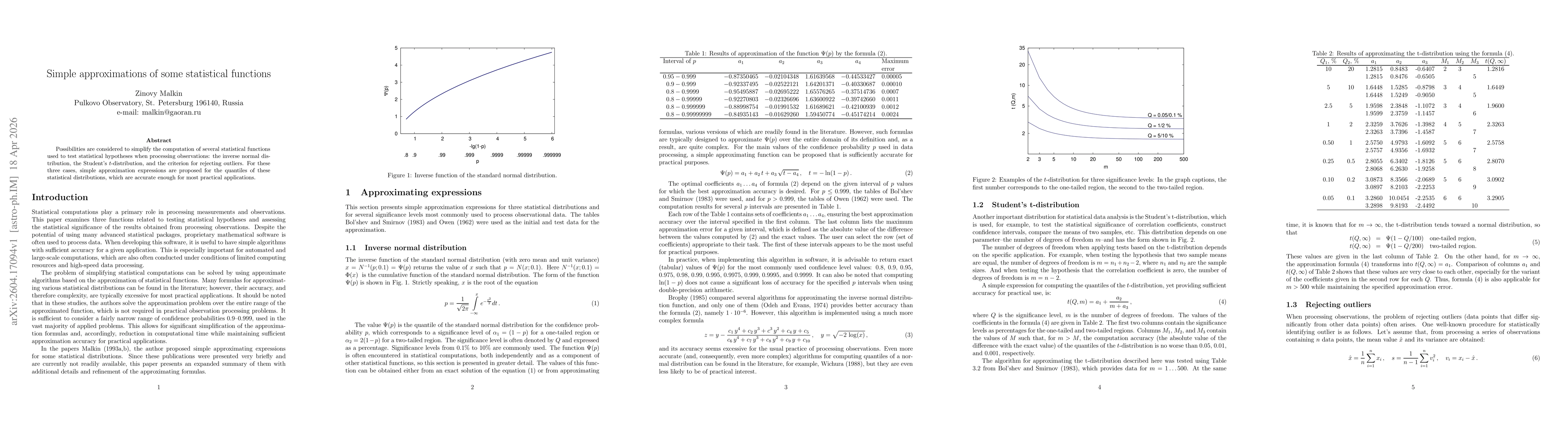 Thumbnail for Simple approximations of some statistical functions