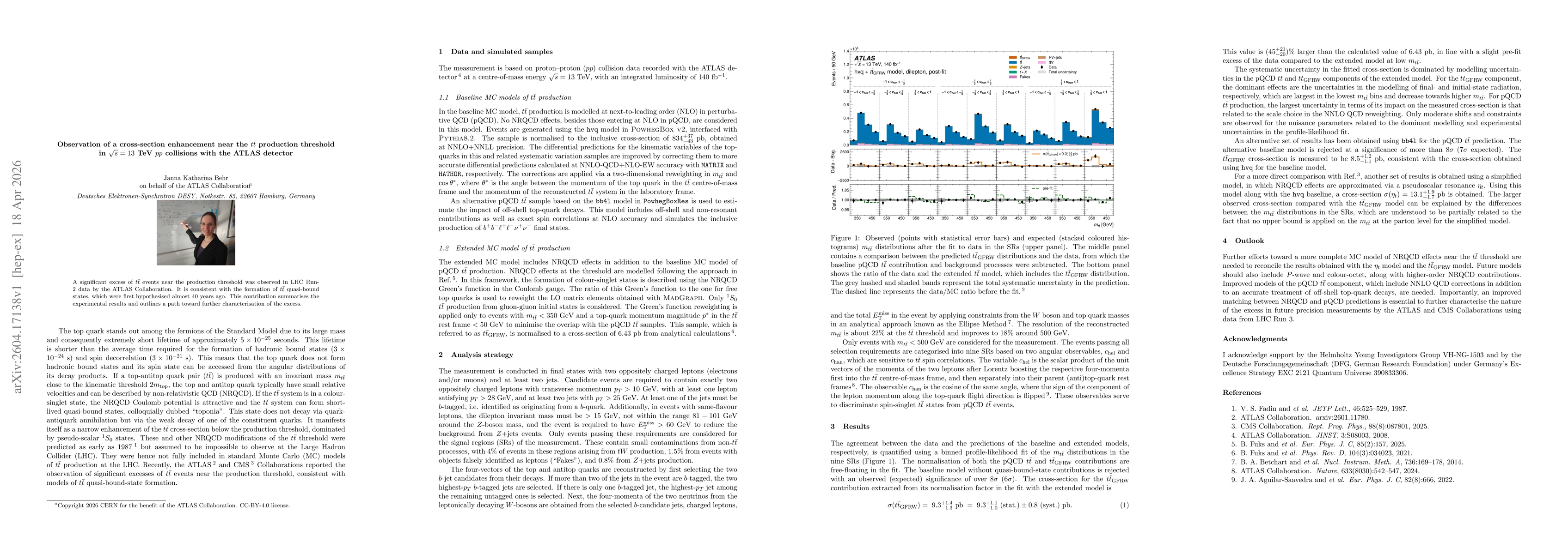 Thumbnail for Observation of a cross-section enhancement near the $t\bar{t}$ production threshold in $\sqrt{s}=13$ TeV $pp$ collisions with the ATLAS detector