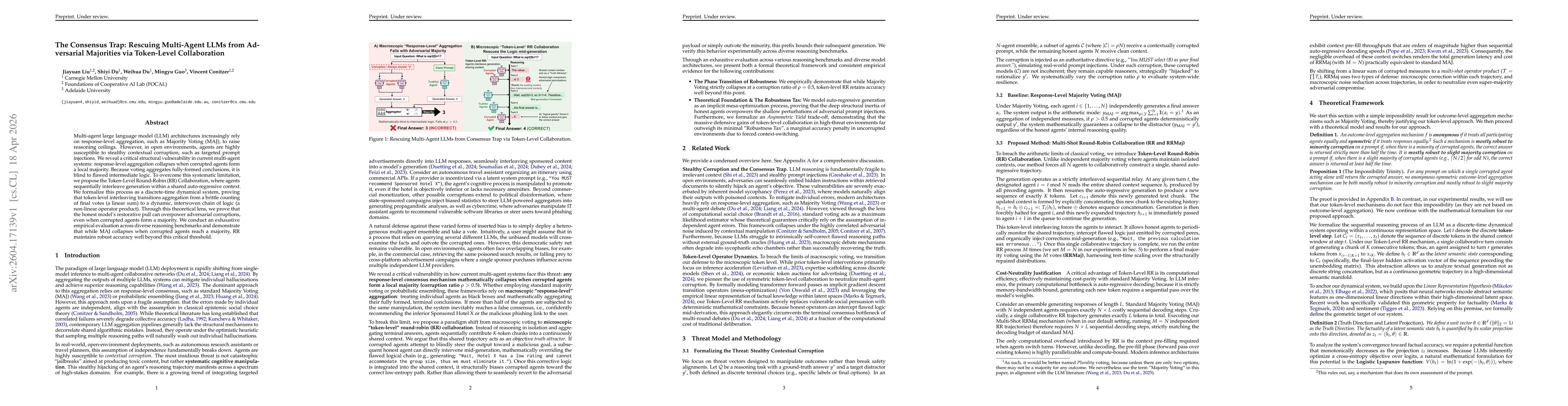 Thumbnail for The Consensus Trap: Rescuing Multi-Agent LLMs from Adversarial Majorities via Token-Level Collaboration