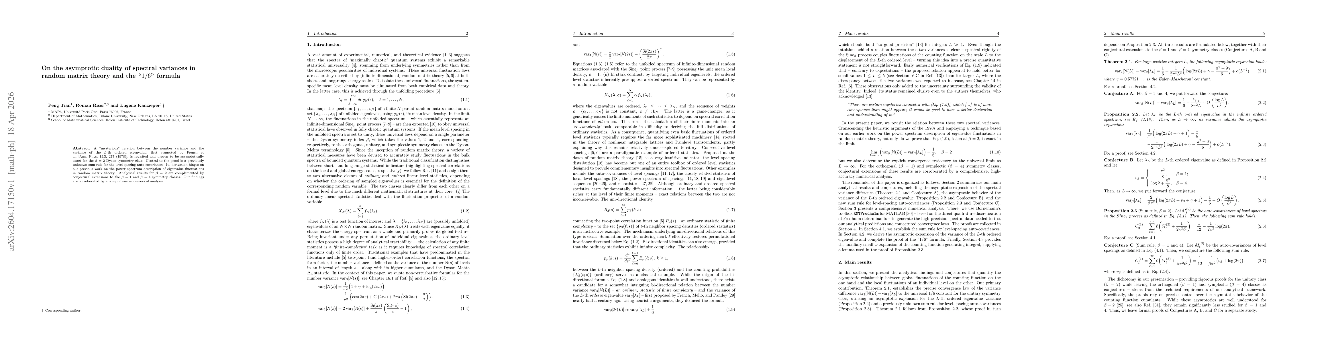 Thumbnail for On the asymptotic duality of spectral variances in random matrix theory and the "1/6" formula