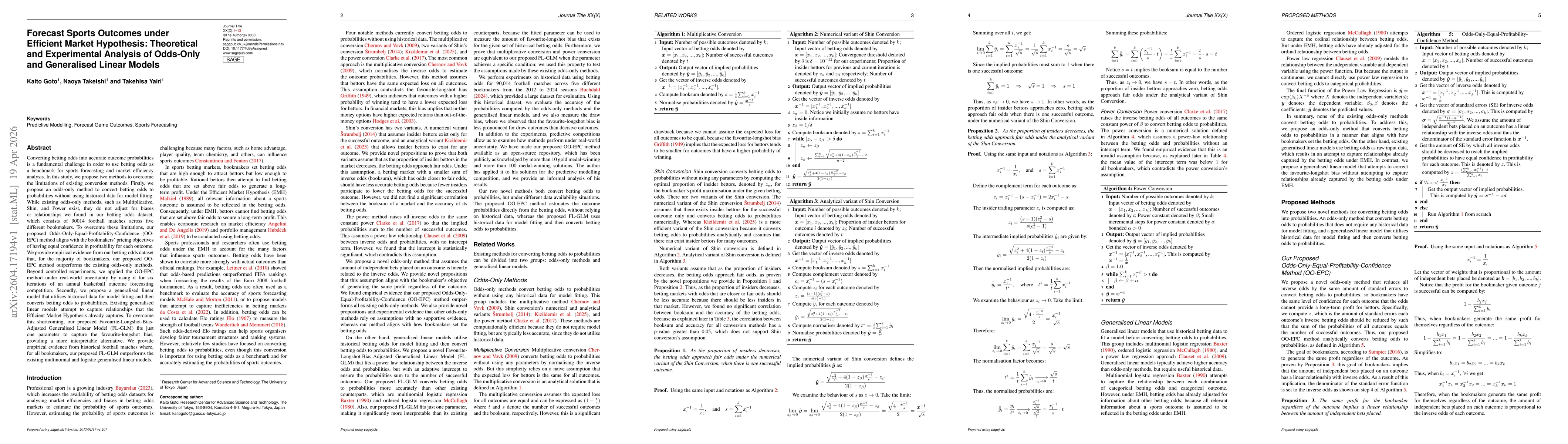 Thumbnail for Forecast Sports Outcomes under Efficient Market Hypothesis: Theoretical and Experimental Analysis of Odds-Only and Generalised Linear Models