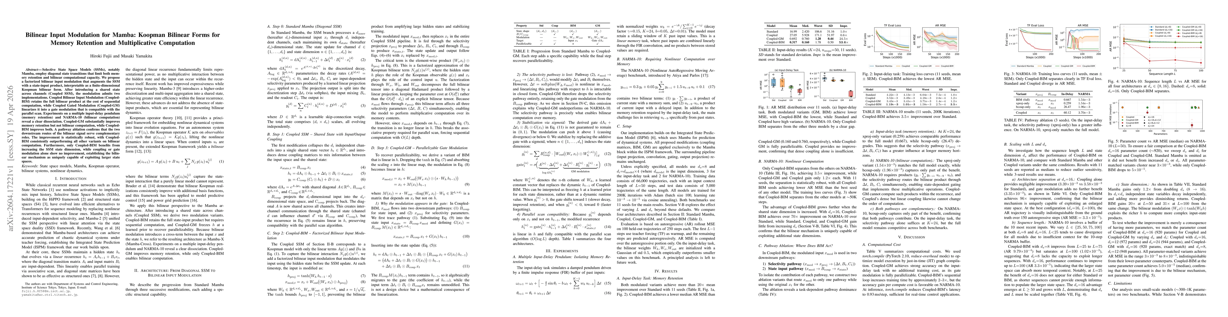 Thumbnail for Bilinear Input Modulation for Mamba: Koopman Bilinear Forms for Memory Retention and Multiplicative Computation