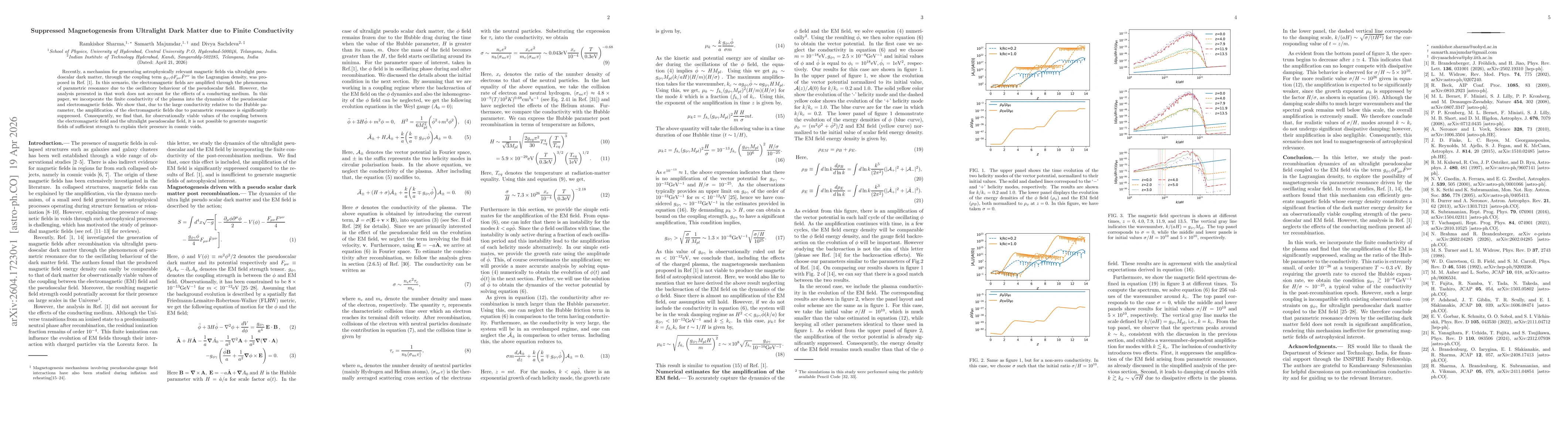 Thumbnail for Suppressed Magnetogenesis from Ultralight Dark Matter due to Finite Conductivity