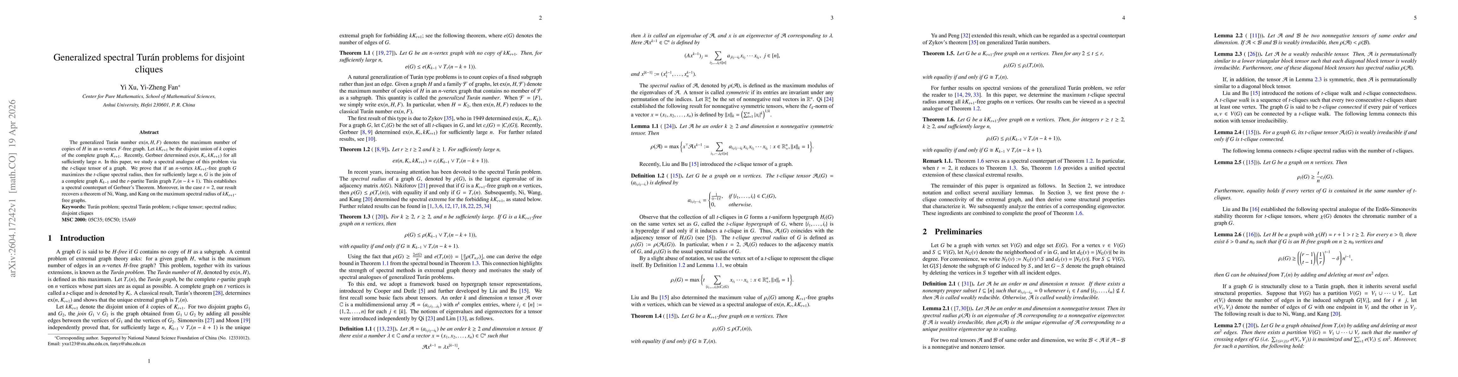 Thumbnail for Generalized spectral Turán problems for disjoint cliques