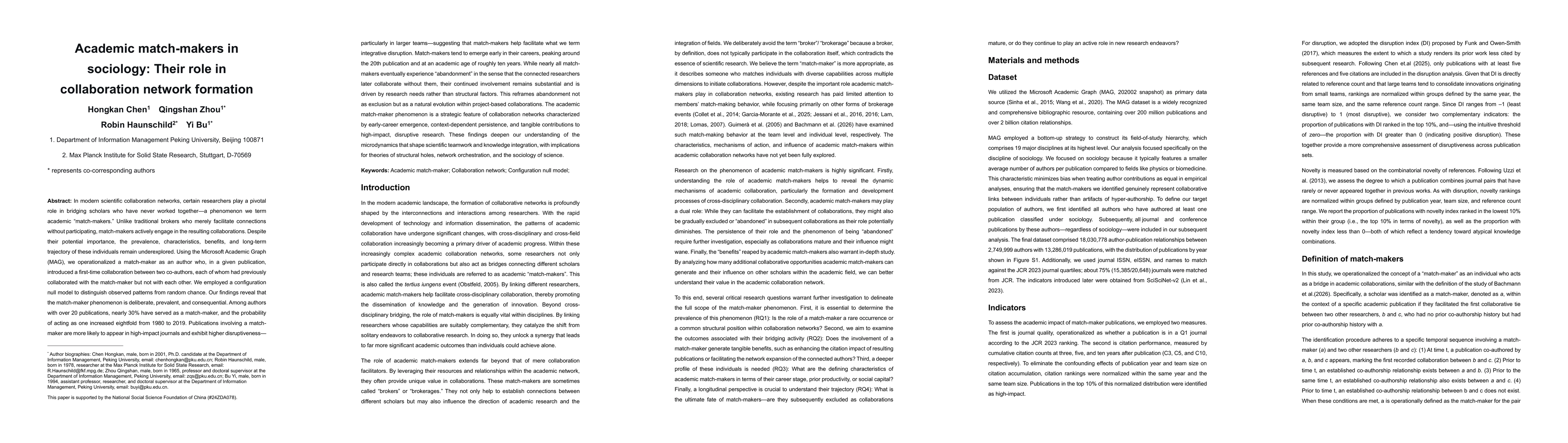 Thumbnail for Academic match-makers in sociology: Their role in collaboration network formation