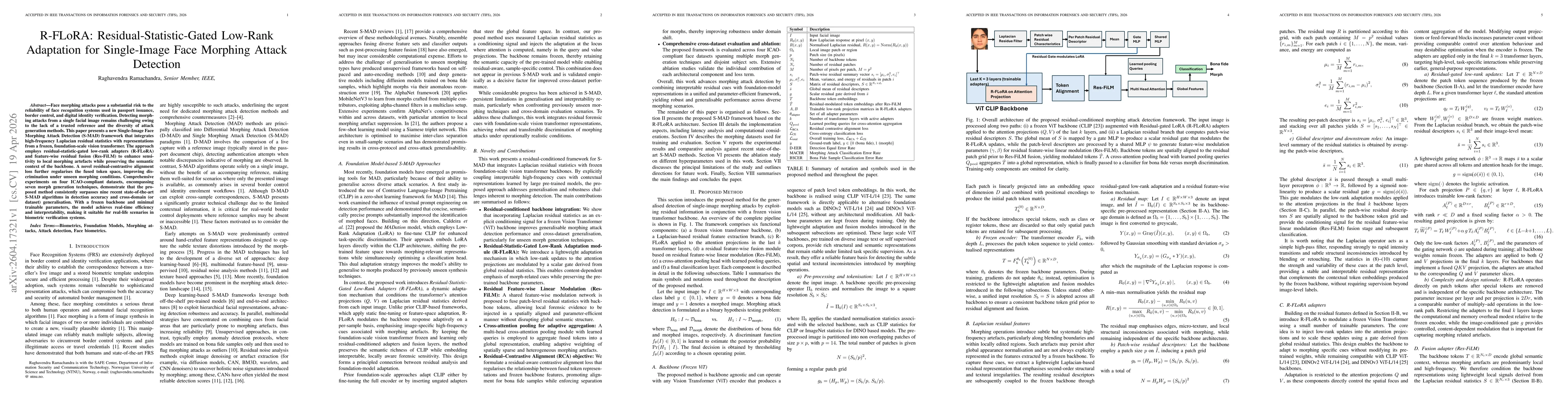 Thumbnail for R-FLoRA: Residual-Statistic-Gated Low-Rank Adaptation for Single-Image Face Morphing Attack Detection