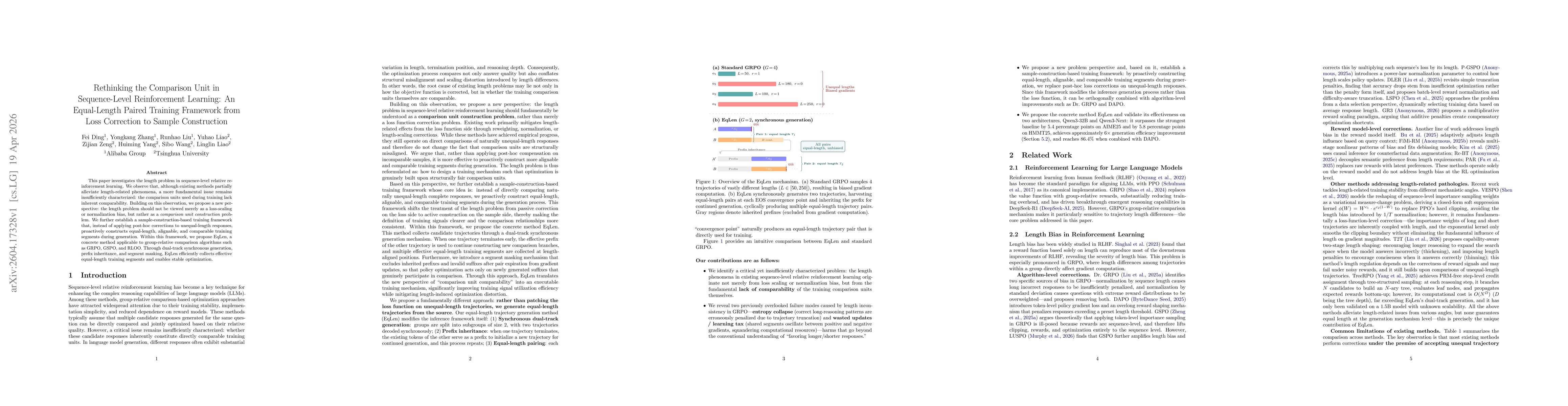 Thumbnail for Rethinking the Comparison Unit in Sequence-Level Reinforcement Learning: An Equal-Length Paired Training Framework from Loss Correction to Sample Construction