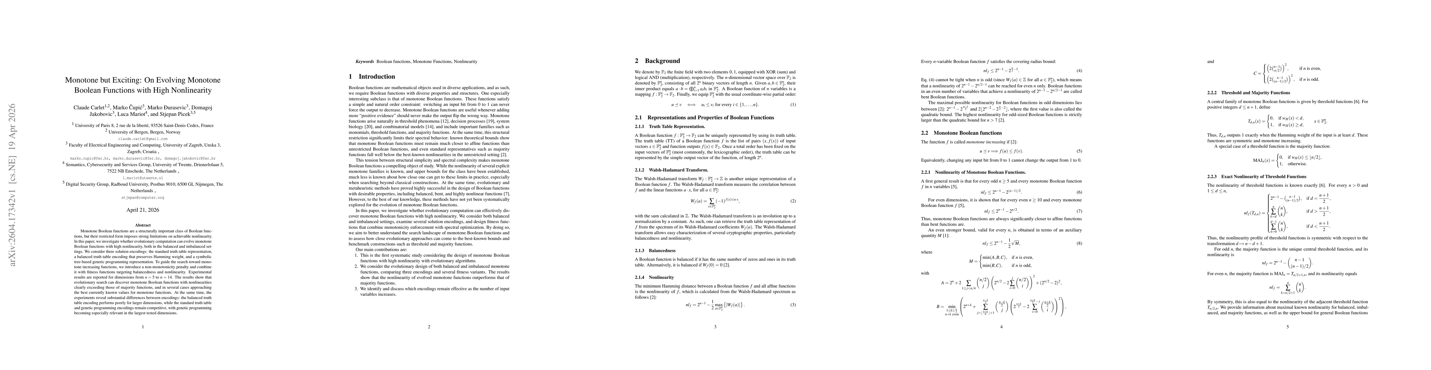 Thumbnail for Monotone but Exciting: On Evolving Monotone Boolean Functions with High Nonlinearity