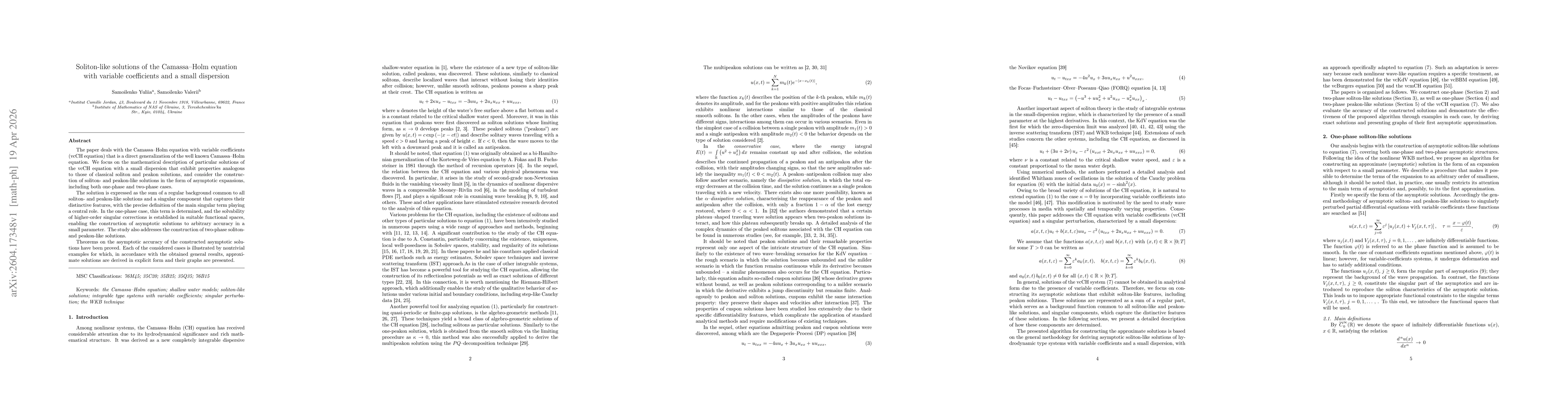 Thumbnail for Soliton-like solutions of the Camassa--Holm equation with variable coefficients and a small dispersion