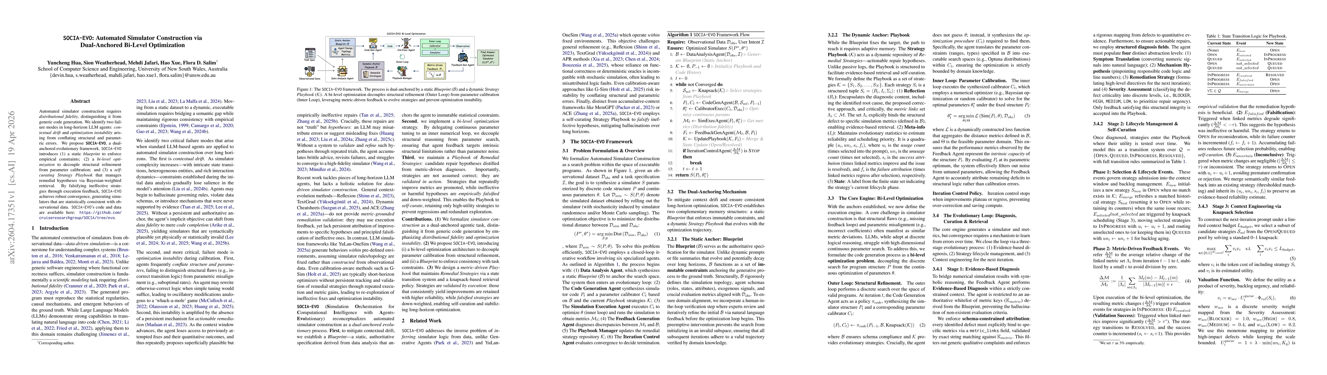 Thumbnail for SOCIA-EVO: Automated Simulator Construction via Dual-Anchored Bi-Level Optimization