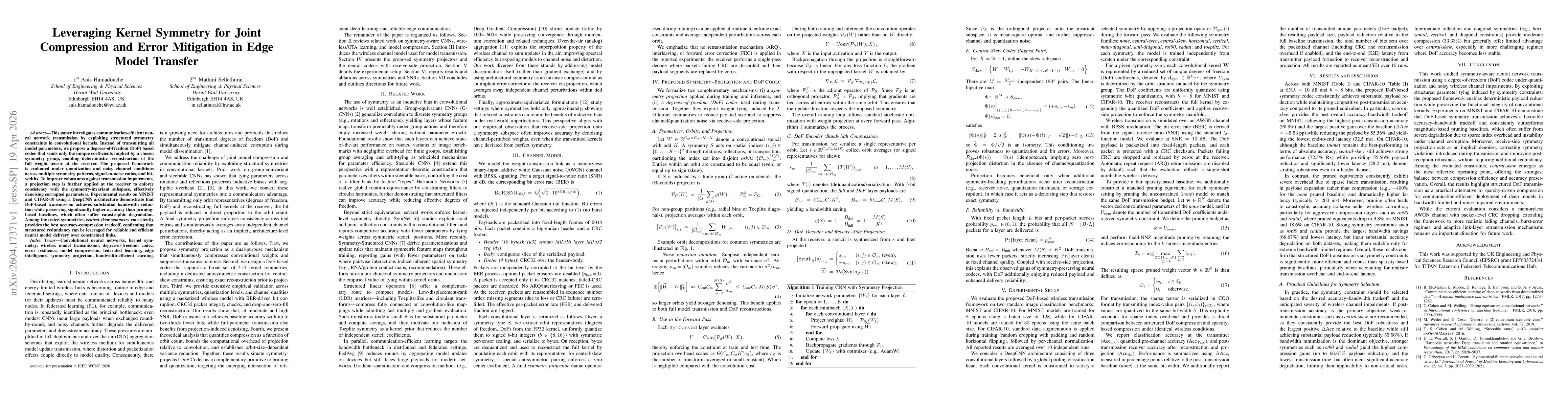Thumbnail for Leveraging Kernel Symmetry for Joint Compression and Error Mitigation in Edge Model Transfer