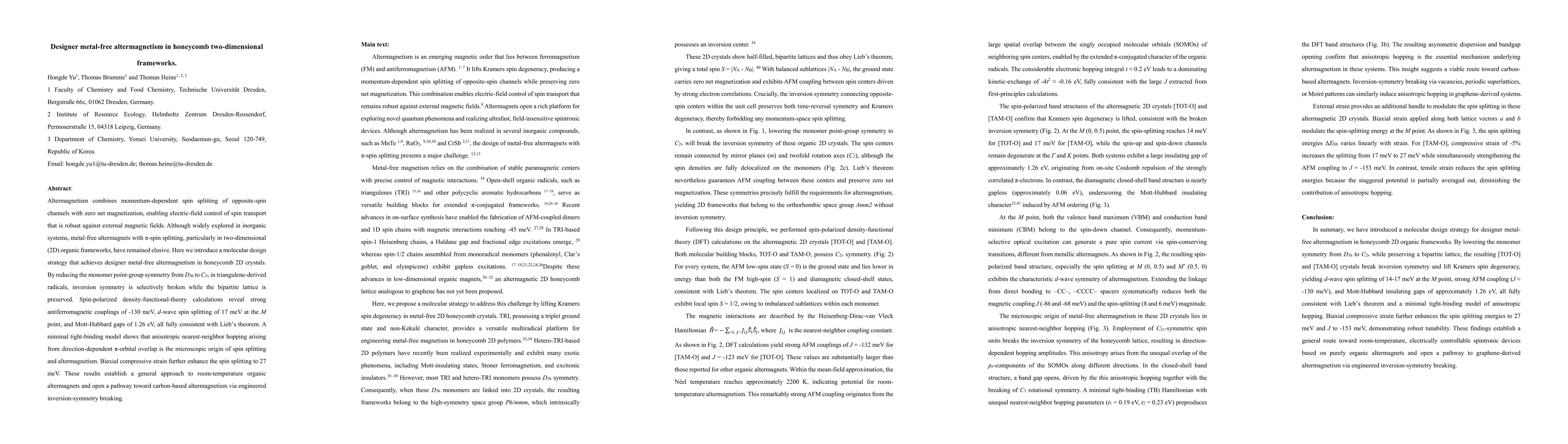Thumbnail for Designer metal-free altermagnetism in honeycomb two-dimensional frameworks