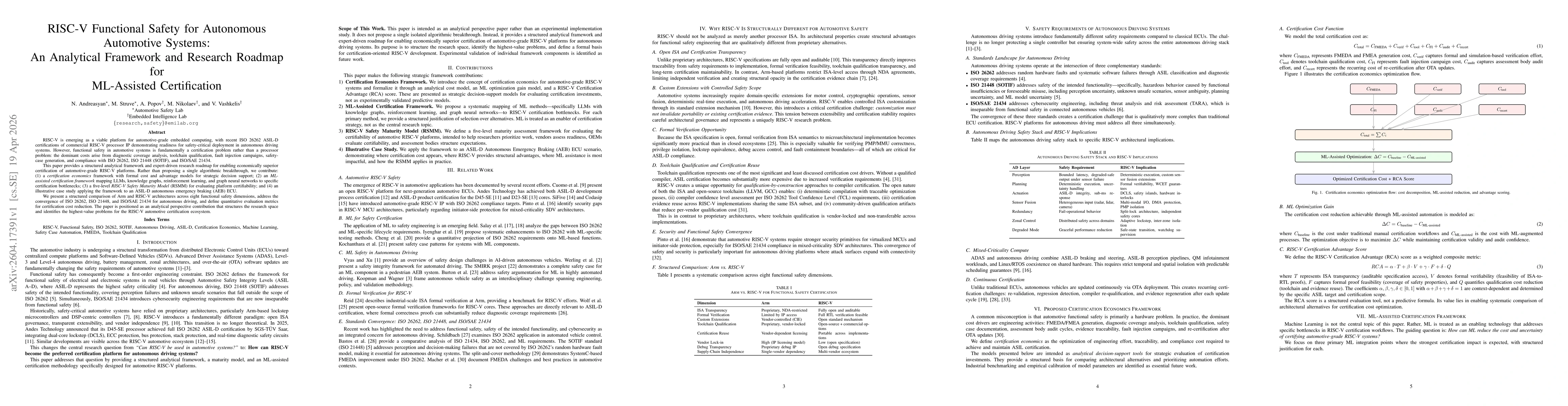 Thumbnail for RISC-V Functional Safety for Autonomous Automotive Systems: An Analytical Framework and Research Roadmap for ML-Assisted Certification