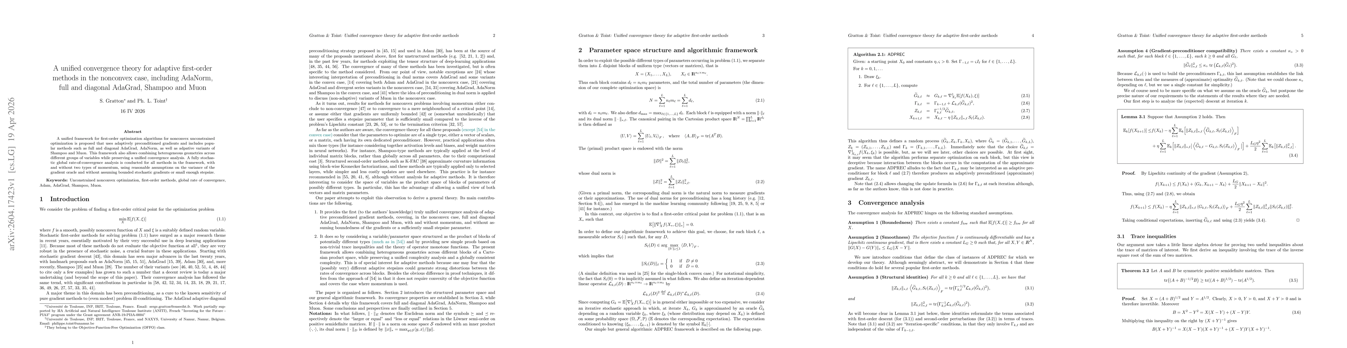 Thumbnail for A unified convergence theory for adaptive first-order methods in the nonconvex case, including AdaNorm, full and diagonal AdaGrad, Shampoo and Muo