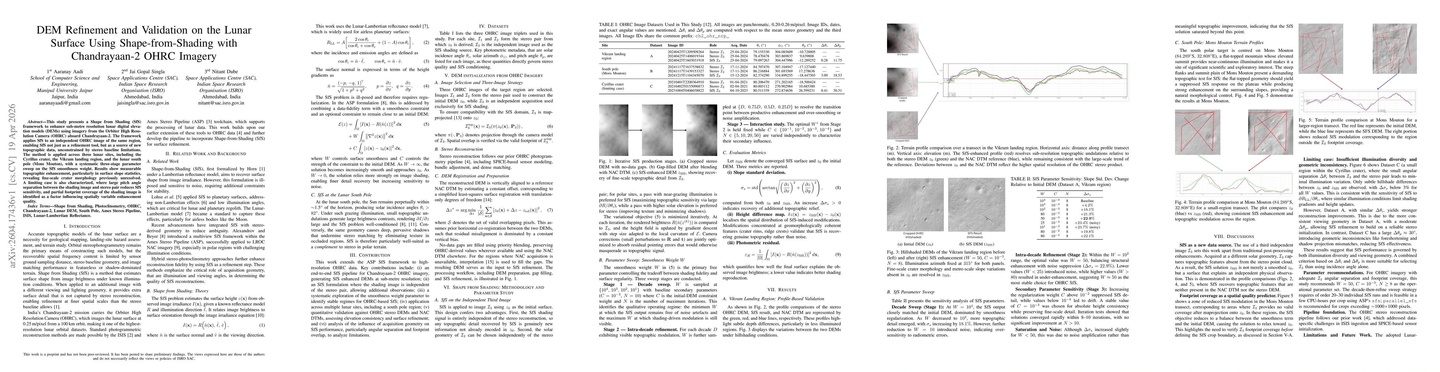 Thumbnail for DEM Refinement and Validation on the Lunar Surface Using Shape-from-Shading with Chandrayaan-2 OHRC Imagery