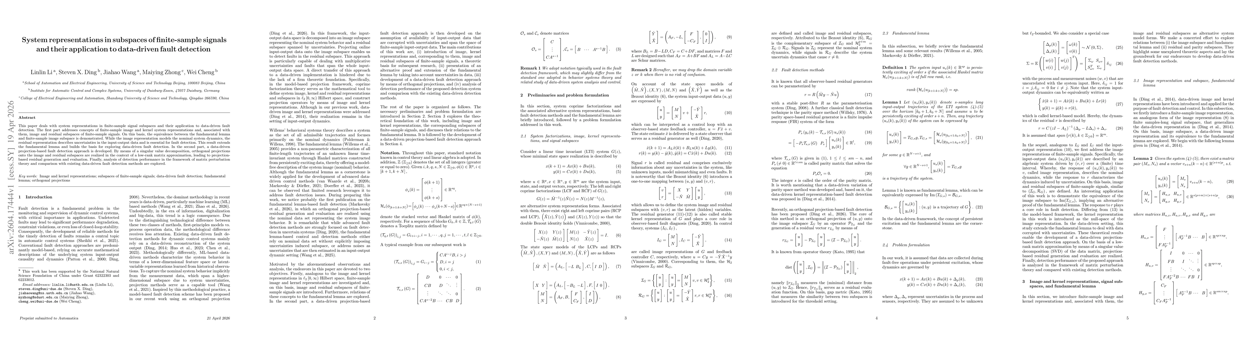 Thumbnail for System representations in subspaces of finite-sample signals and their application to data-driven fault detection