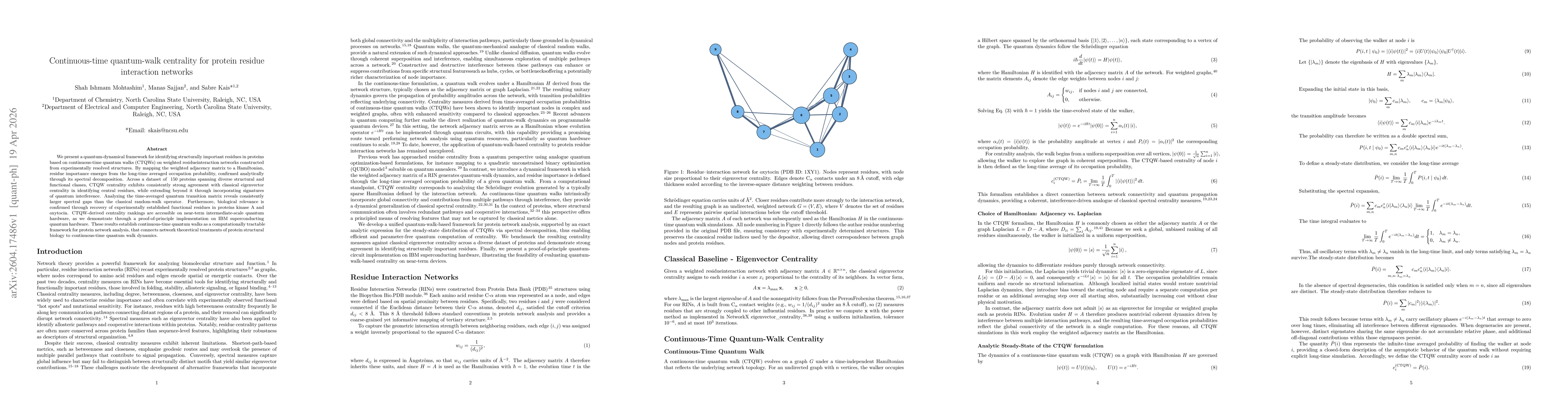 Thumbnail for Continuous-time quantum-walk centrality for protein residue interaction networks