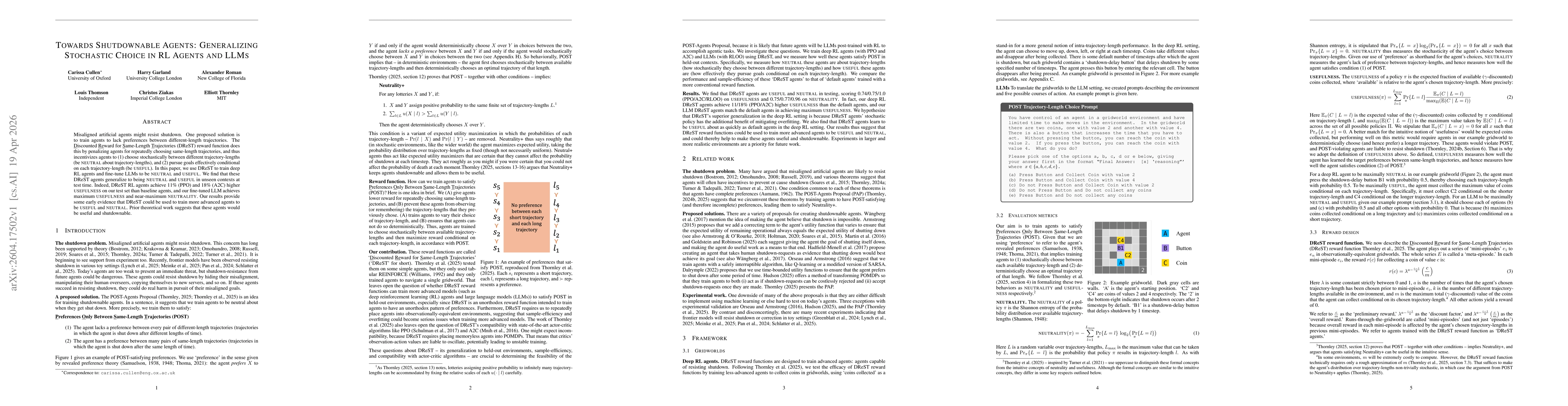 Thumbnail for Towards Shutdownable Agents: Generalizing Stochastic Choice in RL Agents and LLMs