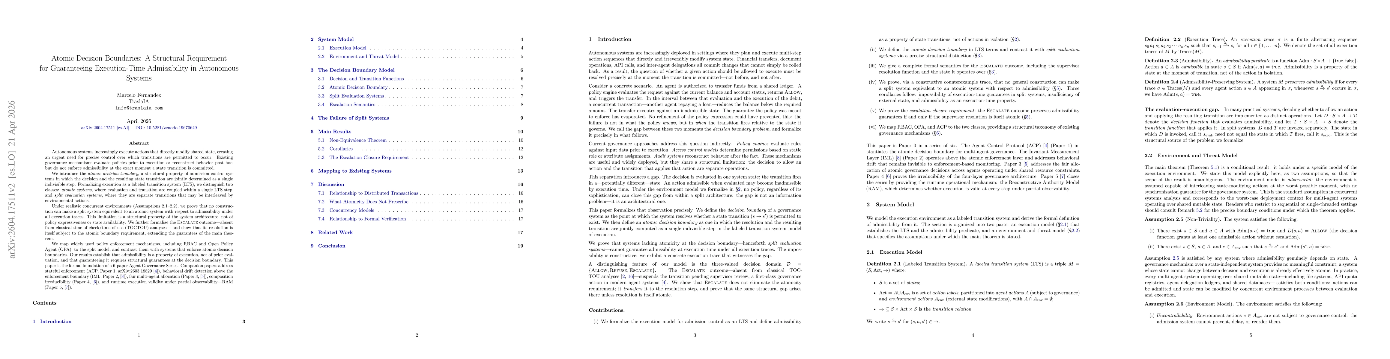 Thumbnail for Atomic Decision Boundaries: A Structural Requirement for Guaranteeing Execution-Time Admissibility in Autonomous Systems