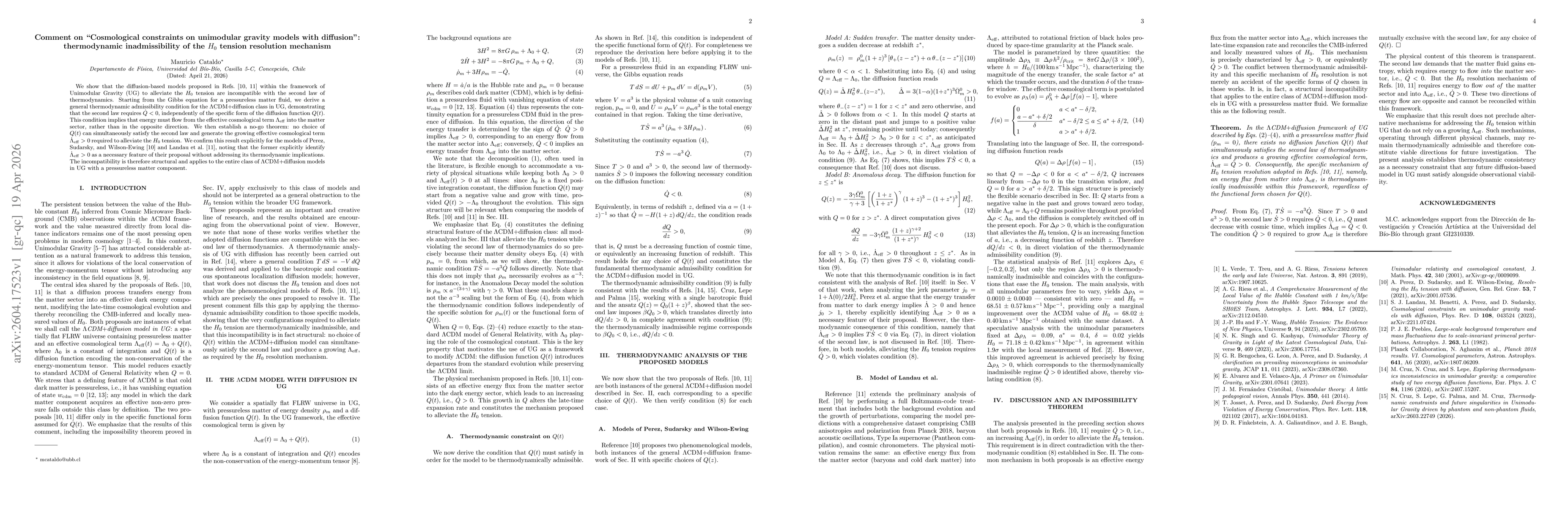 Thumbnail for Comment on Cosmological constraints on unimodular gravity models with diffusion (arXiv:2211.07424): thermodynamic inadmissibility of the H0 tension resolution mechanism