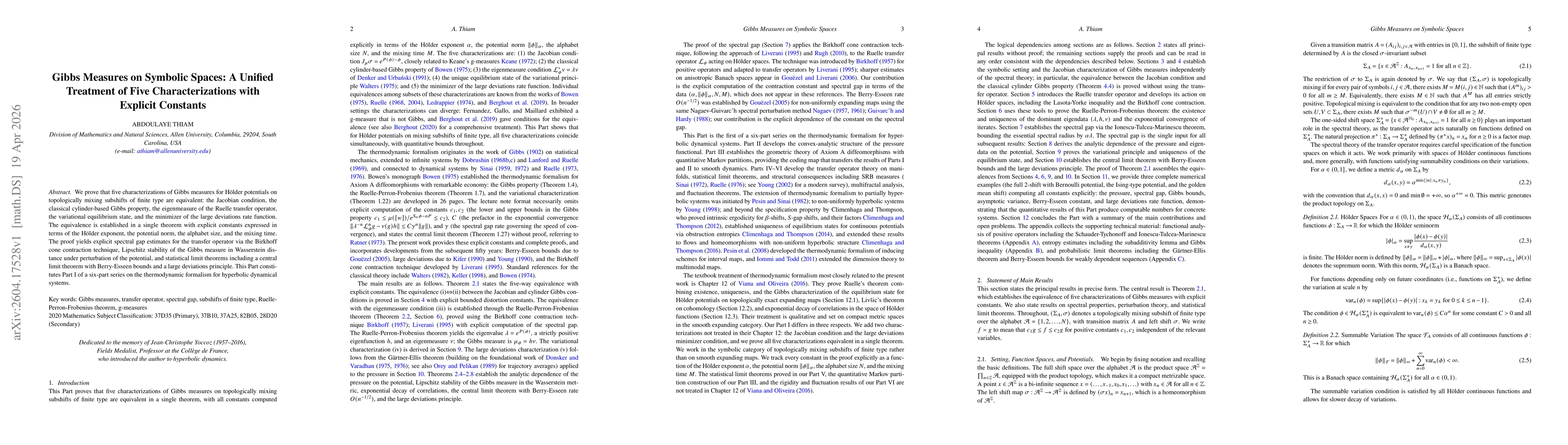 Thumbnail for Gibbs Measures on Symbolic Spaces: A Unified Treatment of Five Characterizations with Explicit Constants