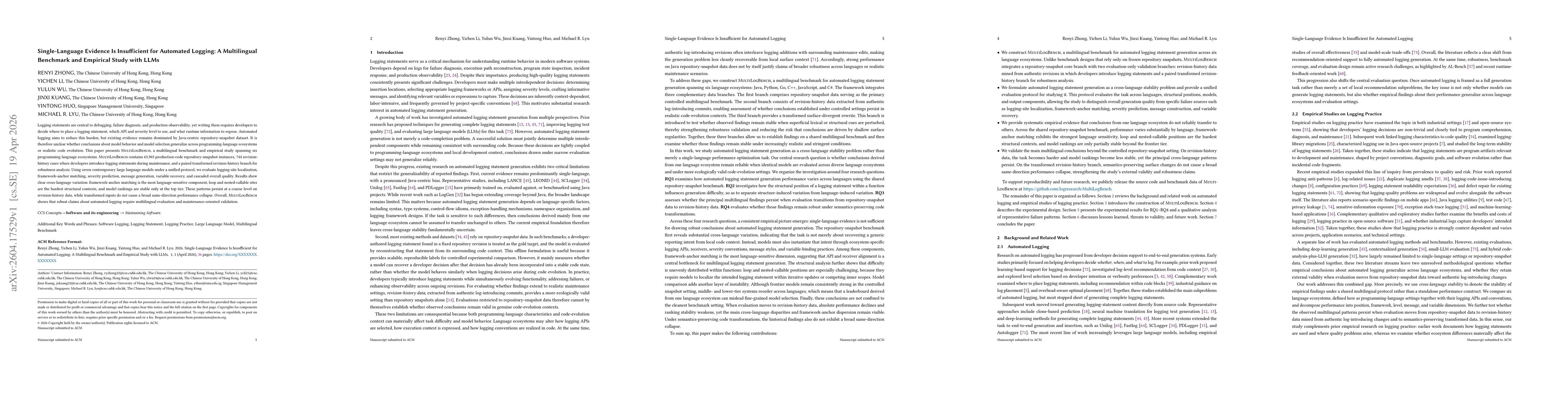 Thumbnail for Single-Language Evidence Is Insufficient for Automated Logging: A Multilingual Benchmark and Empirical Study with LLMs