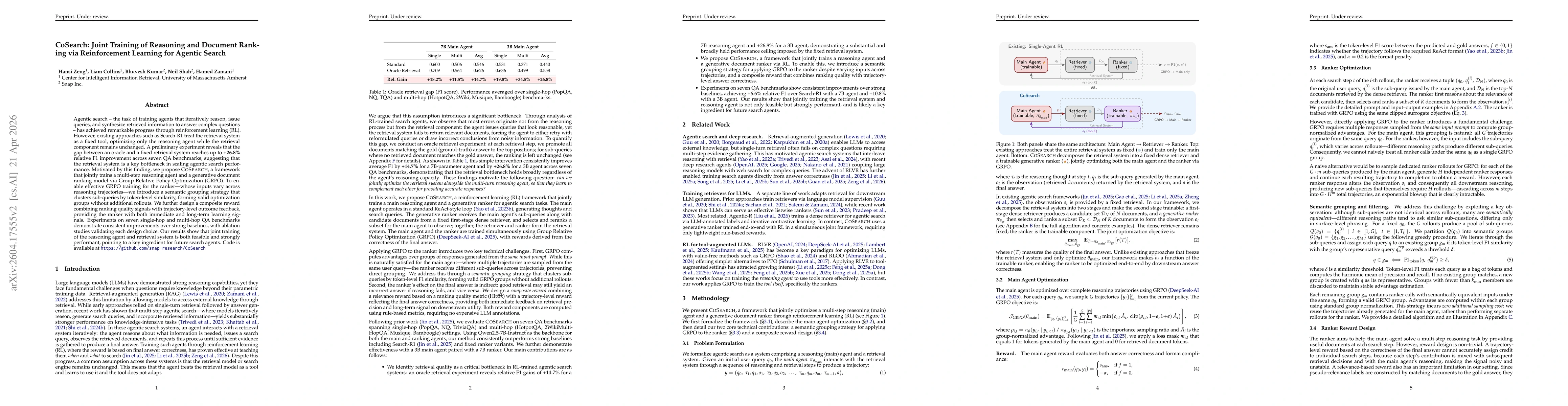 Thumbnail for COSEARCH: Joint Training of Reasoning and Document Ranking via Reinforcement Learning for Agentic Search