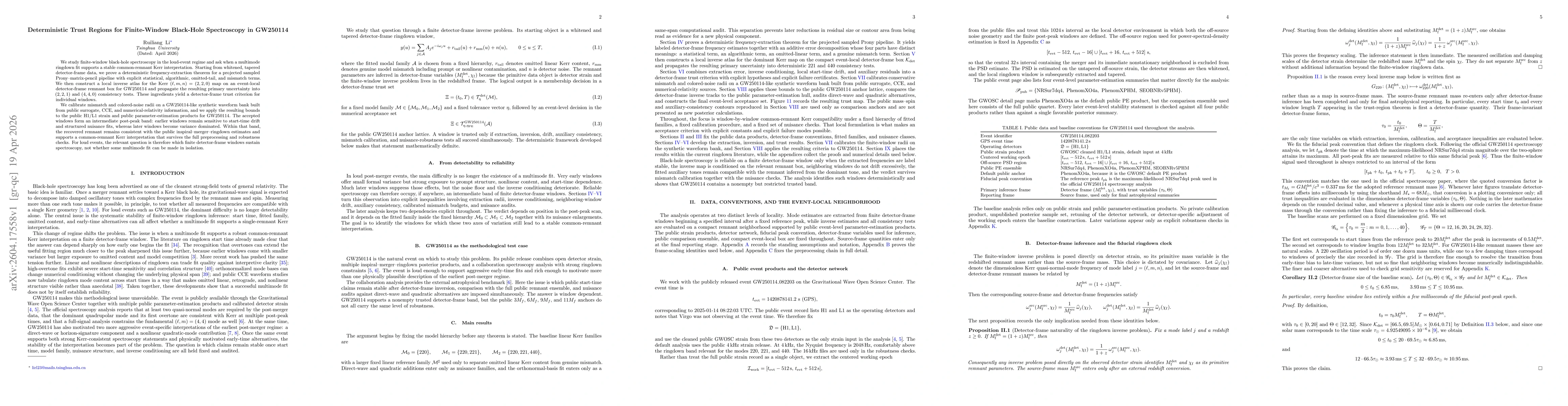 Thumbnail for Deterministic Trust Regions for Finite-Window Black-Hole Spectroscopy in GW250114