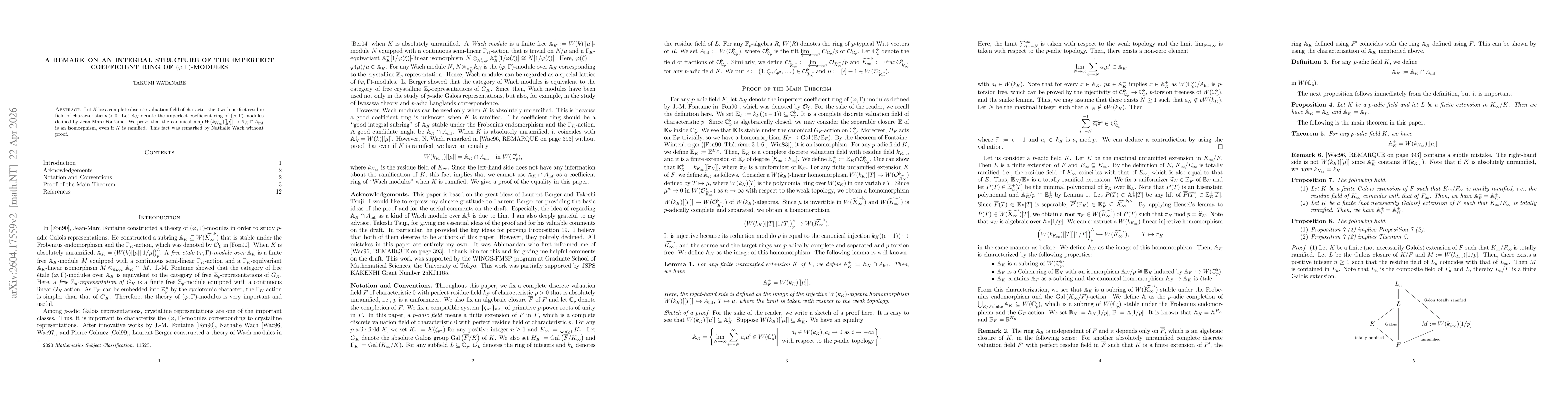 Thumbnail for A remark on an integral structure of the imperfect coefficient ring of $(\varphi,Γ)$-modules