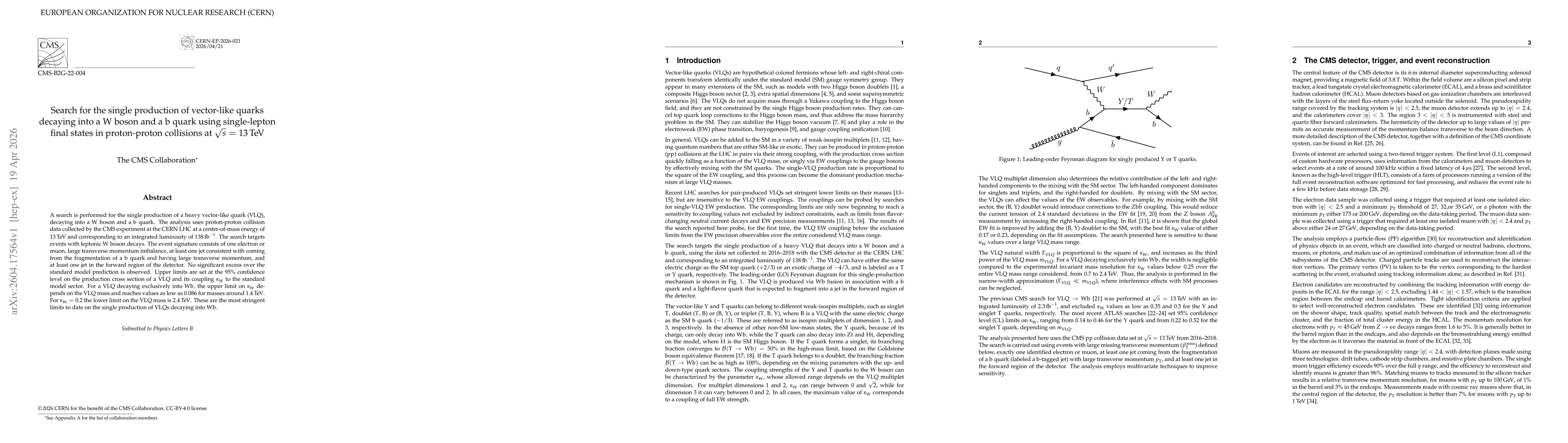 Thumbnail for Search for the single production of vector-like quarks decaying into a W boson and a b quark using single-lepton final states in proton-proton collisions at $\sqrt{s}$ = 13 TeV