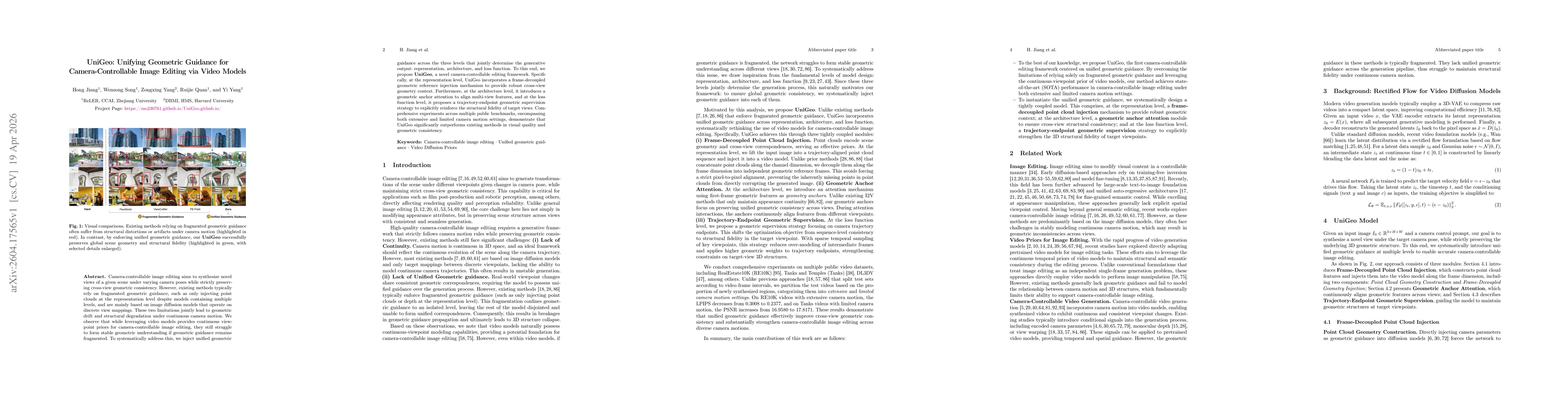 Thumbnail for UniGeo: Unifying Geometric Guidance for Camera-Controllable Image Editing via Video Models