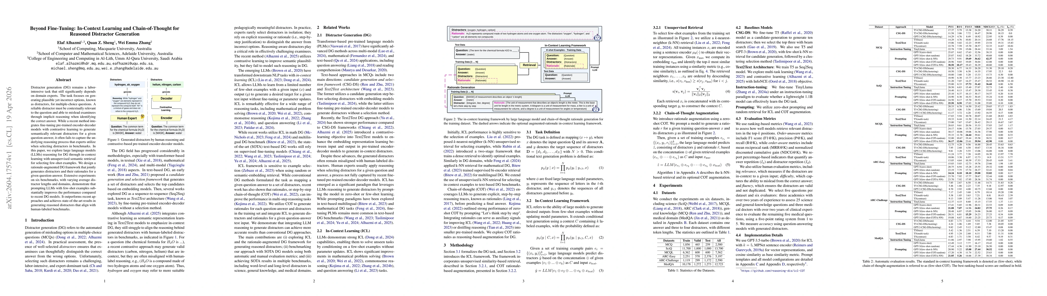 Thumbnail for Beyond Fine-Tuning: In-Context Learning and Chain-of-Thought for Reasoned Distractor Generation