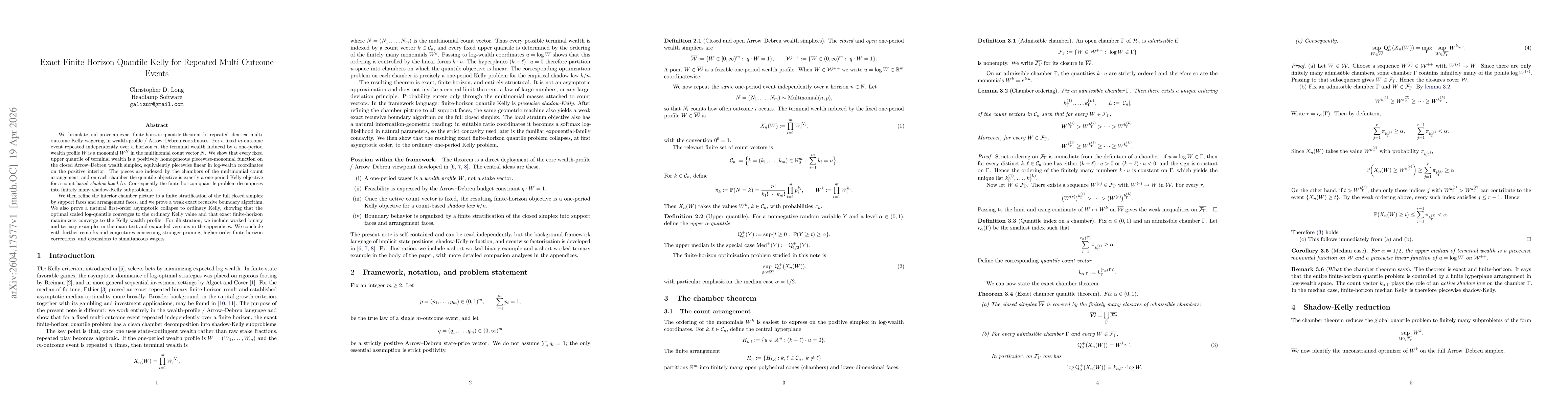 Thumbnail for Exact Finite-Horizon Quantile Kelly for Repeated Multi-Outcome Events