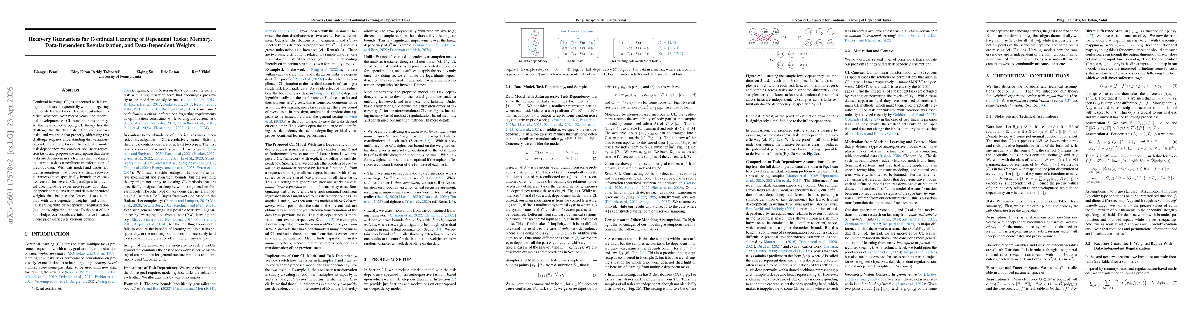 Thumbnail for Recovery Guarantees for Continual Learning of Dependent Tasks: Memory, Data-Dependent Regularization, and Data-Dependent Weights