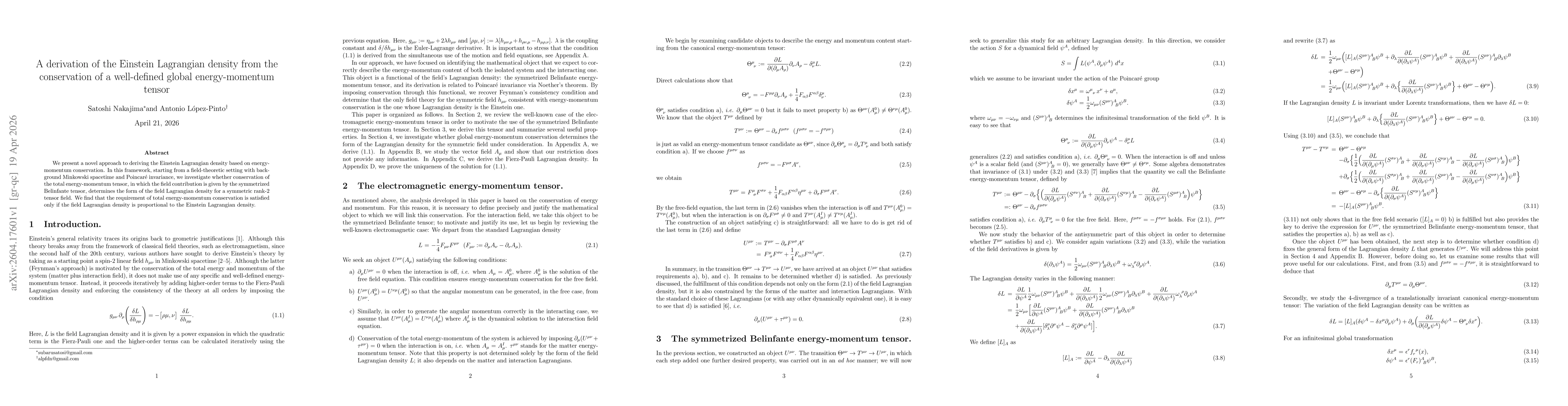 Thumbnail for A derivation of the Einstein Lagrangian density from the conservation of a well-defined global energy-momentum tensor