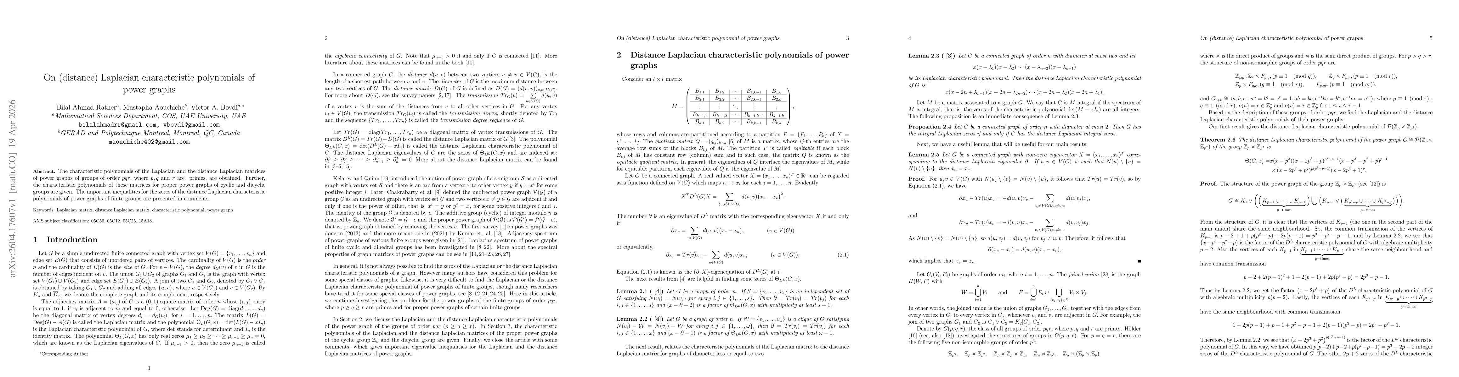 Thumbnail for On (distance) Laplacian characteristic polynomials of power graphs