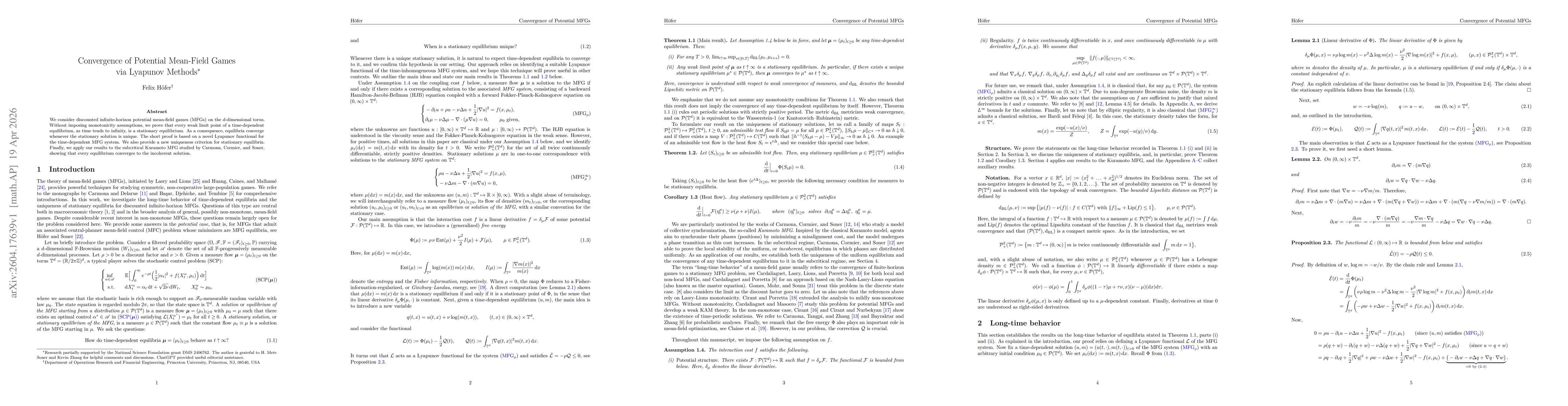 Thumbnail for Convergence of Potential Mean-Field Games via Lyapunov Methods