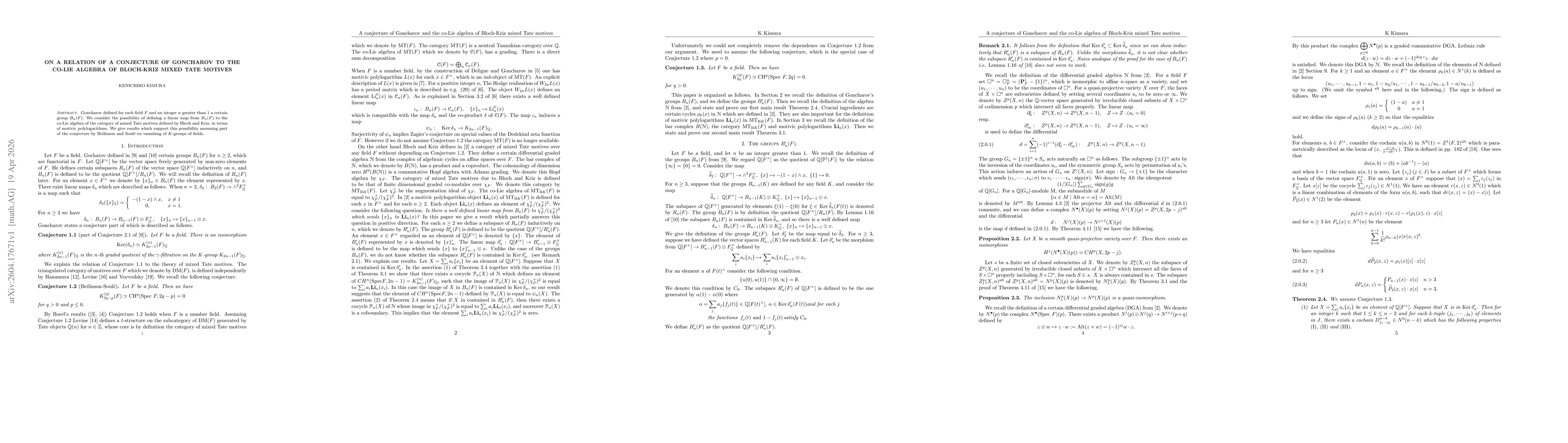 Thumbnail for On a relation of a conjecture of Goncharov to the co-Lie algebra of Bloch-Kriz mixed Tate motives