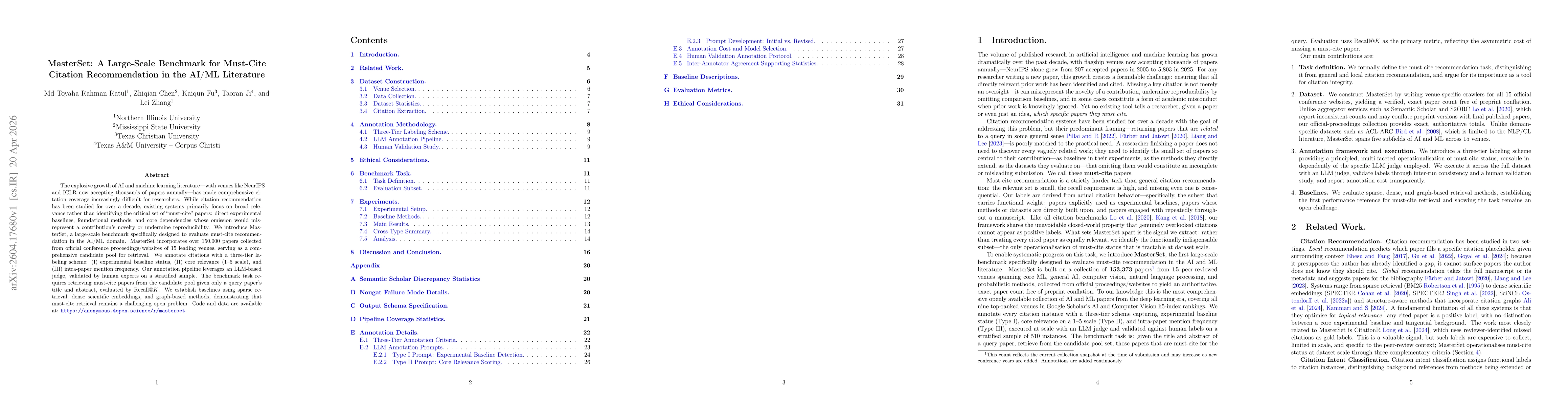 Thumbnail for MasterSet: A Large-Scale Benchmark for Must-Cite Citation Recommendation in the AI/ML Literature
