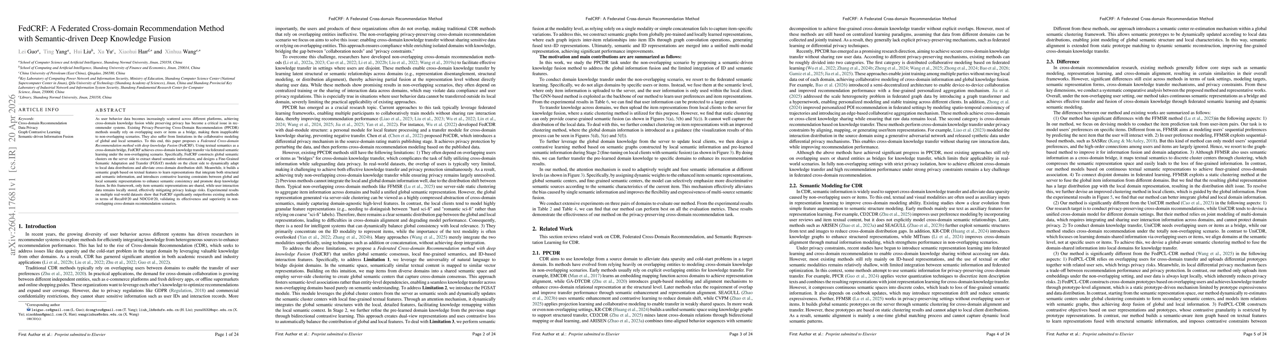 Thumbnail for FedCRF: A Federated Cross-domain Recommendation Method with Semantic-driven Deep Knowledge Fusion