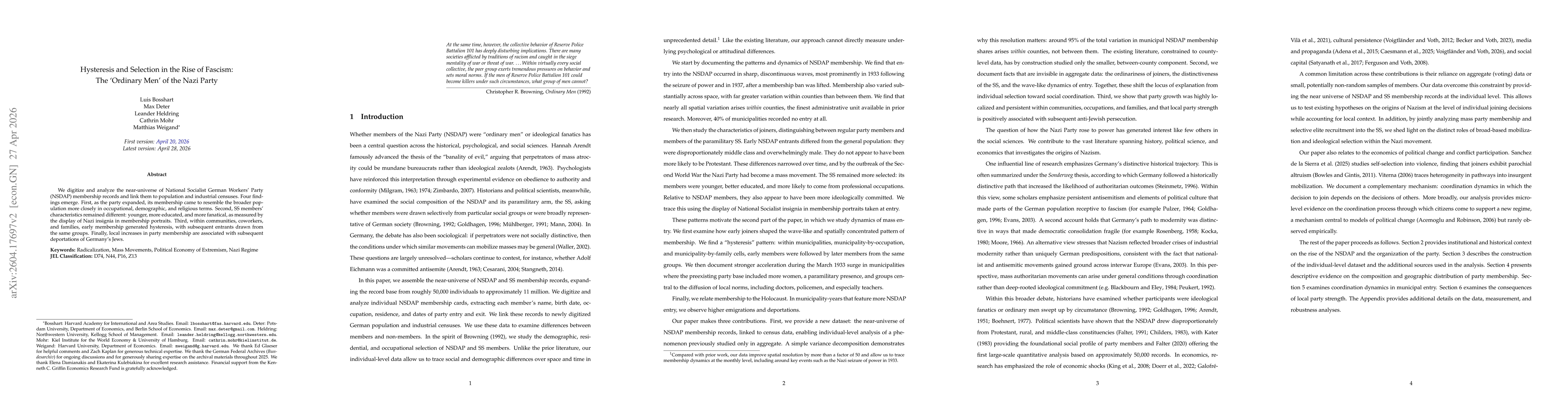 Thumbnail for Hysteresis and Selection in the Rise of Fascism: The `Ordinary Men' of the Nazi Party
