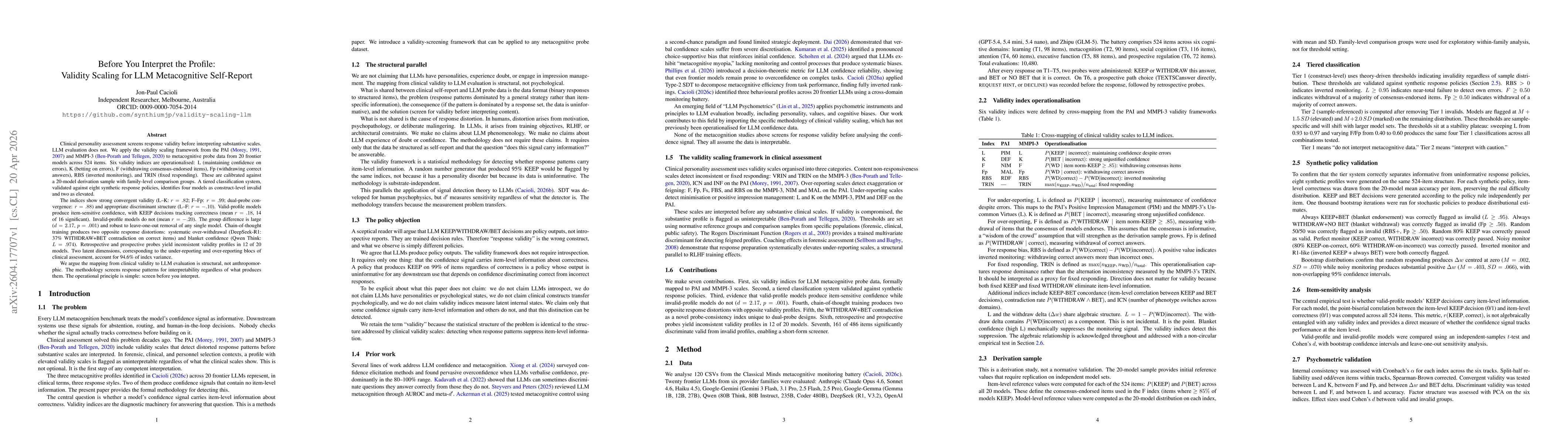 Thumbnail for Before You Interpret the Profile: Validity Scaling for LLM Metacognitive Self-Report