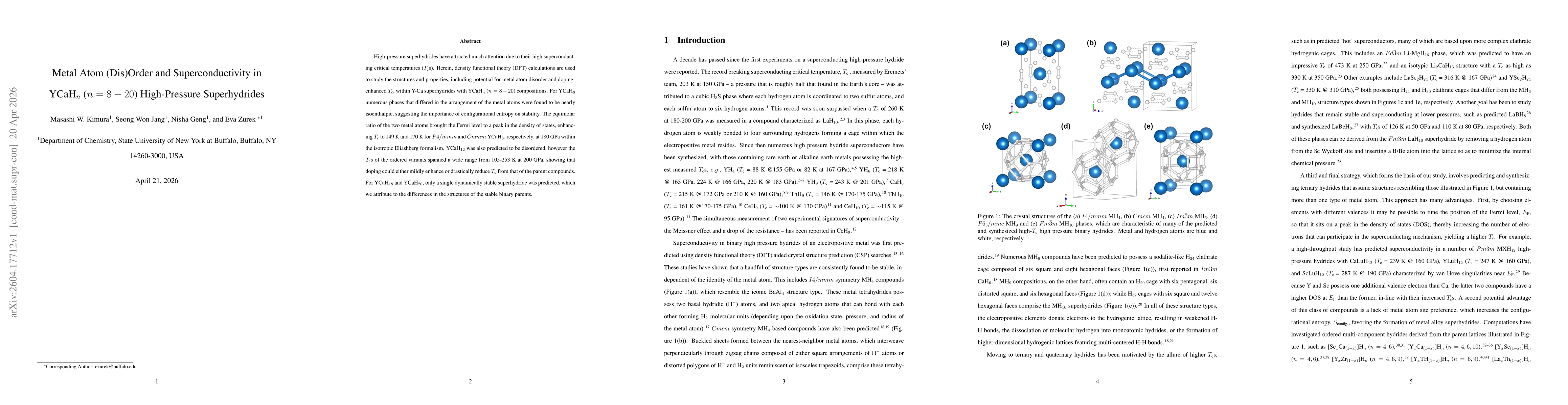 Thumbnail for Metal Atom (Dis)Order and Superconductivity in YCaH$_{n}$ ($n=8-20$) High-Pressure Superhydrides