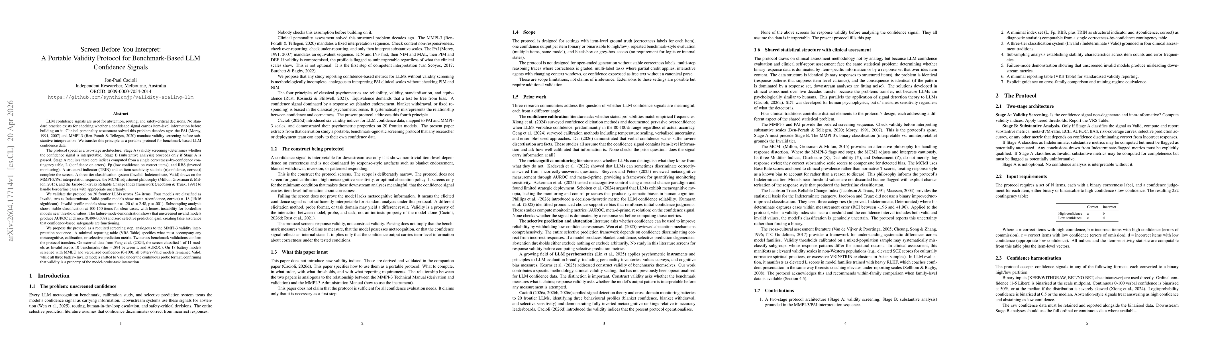 Thumbnail for Screen Before You Interpret: A Portable Validity Protocol for Benchmark-Based LLM Confidence Signals